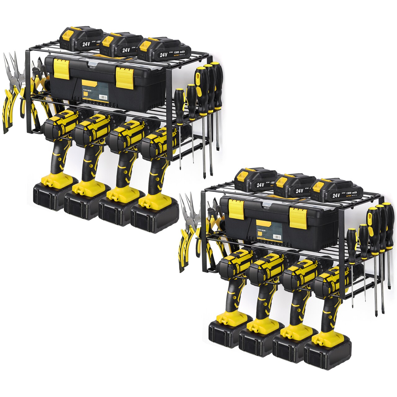 2-Pack Heavy Duty Power Tool Organizer Wall Mount – 3-Tier Metal Drill Holder Rack for Garage, Workshop, 100 lb Capacity (16.73” x 7.87” x 7.87”)